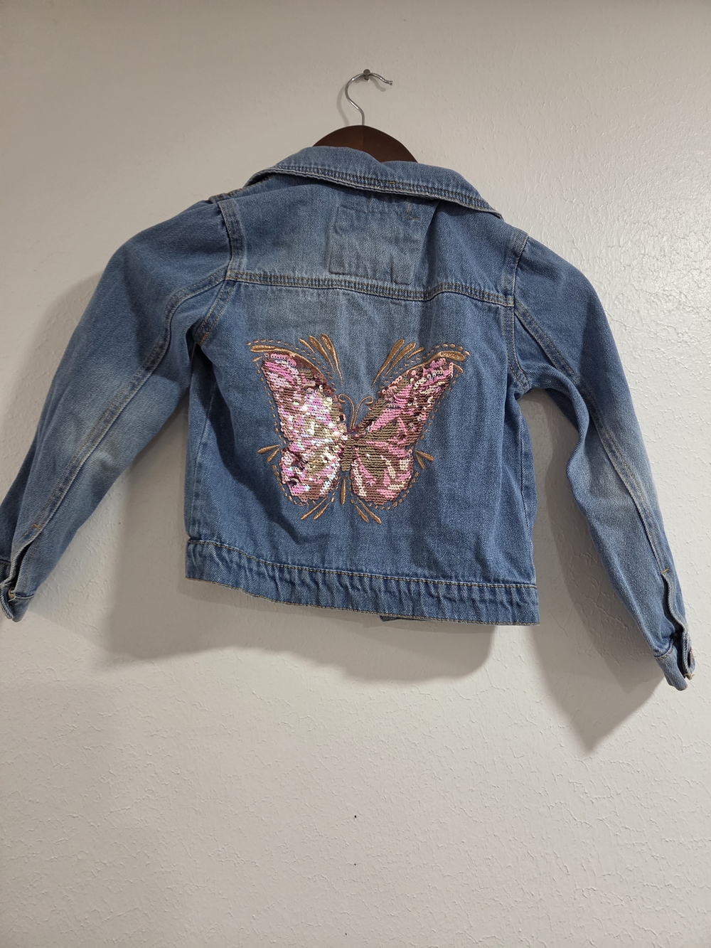 Btween Girls' Denim Jacket with Pink Sequin Butterfly